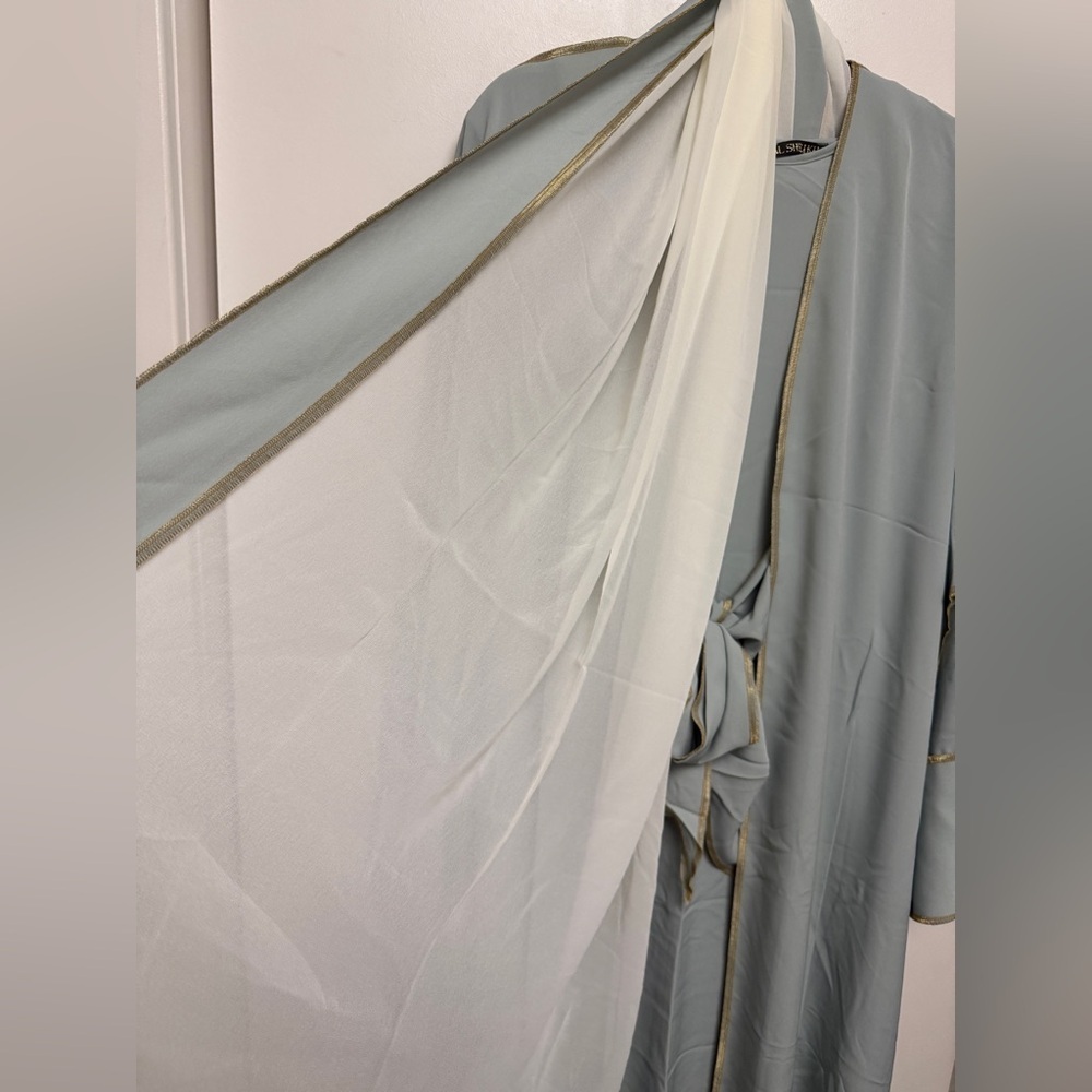 3 Piece set with shawl Light Sage Long Sleeve Maxi Dress with Waist Tie - Picture 3 of 8